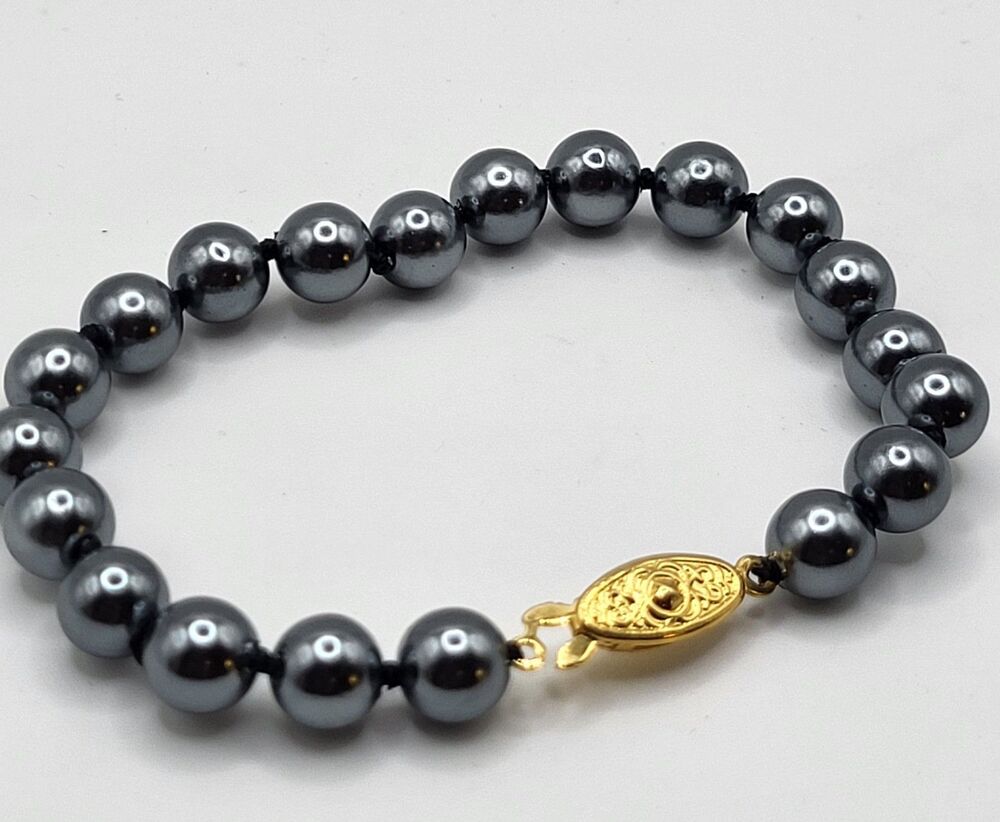 Dark Silver Simualted Pearl Beaded Bracelet 7in